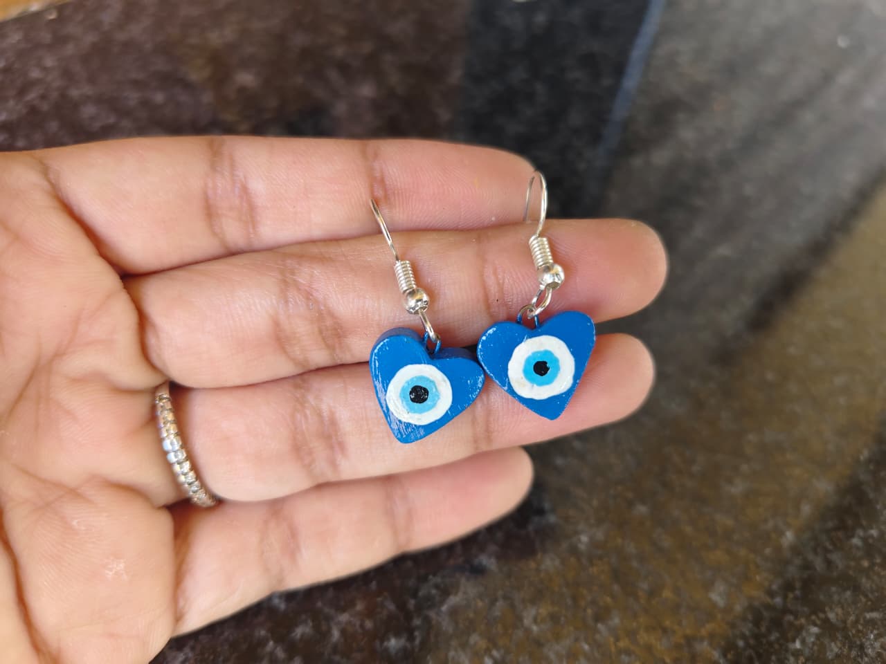 Handmade Evil Eye Protection Blue Heart & Diamond Earring Combo
