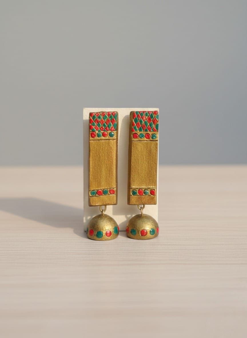 The Heritage Duo: Set of 2 Handcrafted Terracotta Jhumkas - Emerald Leaf & Royal Gold