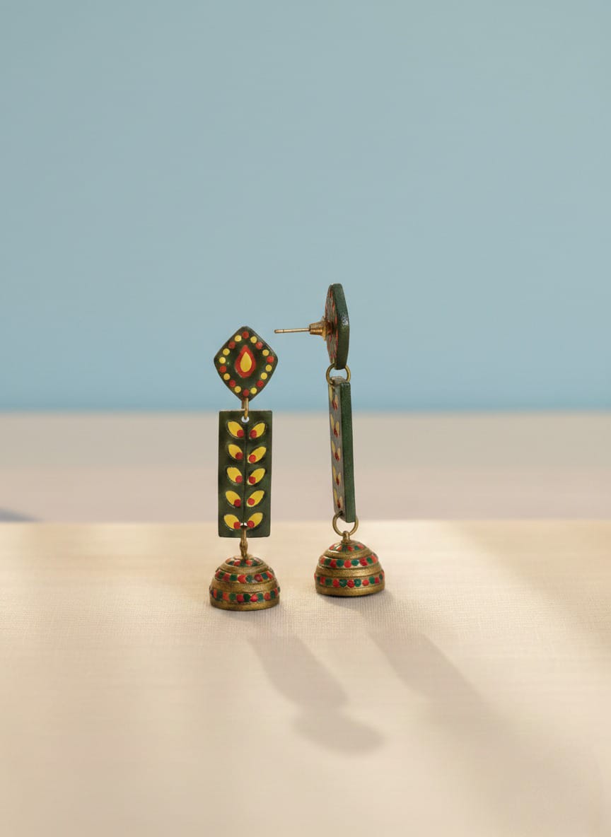 The Heritage Duo: Set of 2 Handcrafted Terracotta Jhumkas - Emerald Leaf & Royal Gold