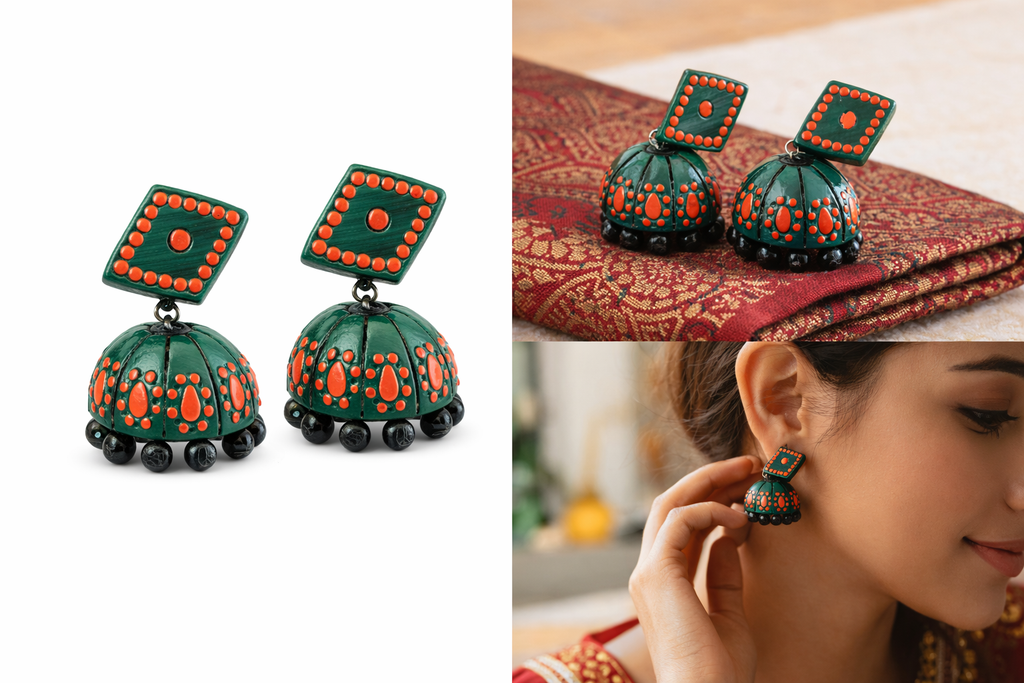 Handcrafted Traditional Jhumka Earrings – Green & Red Ethnic Design