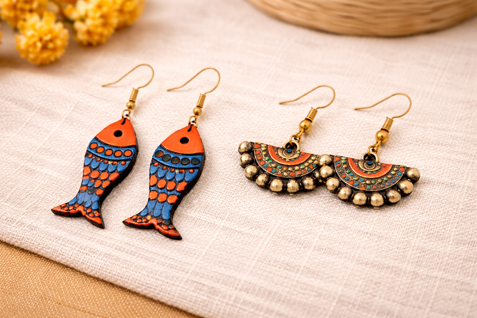 Handcrafted Earrings Combo – Fish & Crescent Ethnic Dangle Set