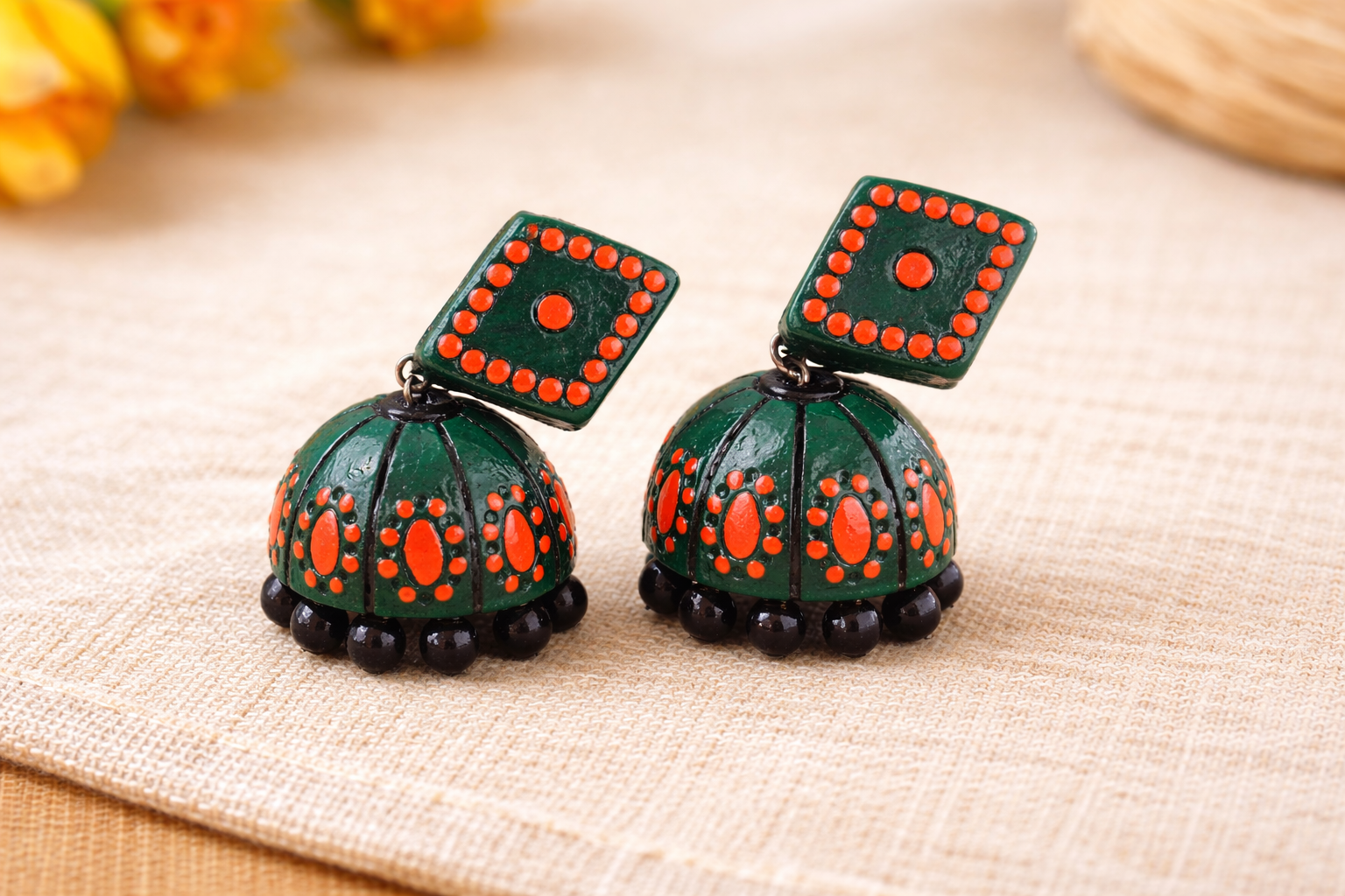 Handcrafted Traditional Jhumka Earrings – Green & Red Ethnic Design