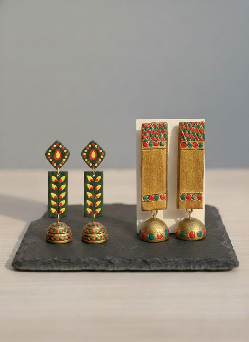 The Heritage Duo: Set of 2 Handcrafted Terracotta Jhumkas - Emerald Leaf & Royal Gold